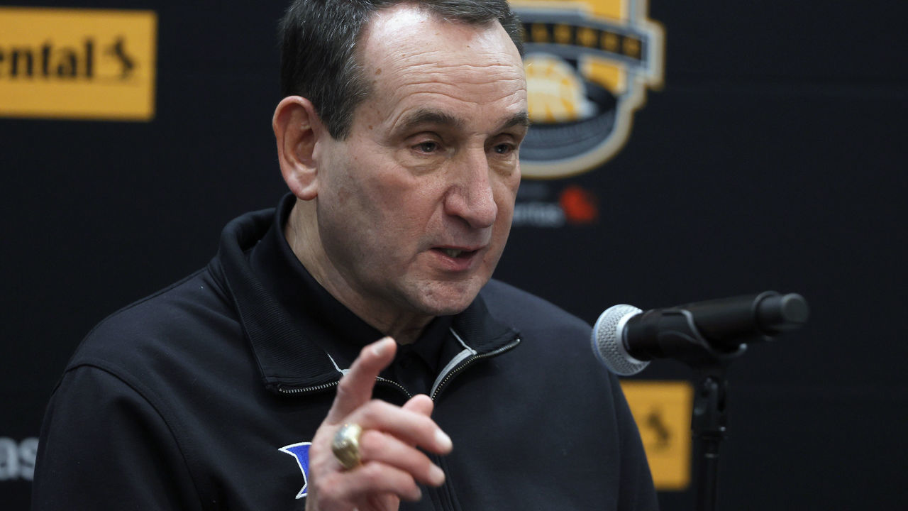 LAS VEGAS, NEVADA - NOVEMBER 26: Head coach Mike Krzyzewski of the Duke Blue Devils speaks during a news conference after his team's 84-81 victory over the Gonzaga Bulldogs to win the Continental Tire Challenge at T-Mobile Arena on November 26, 2021 in Las Vegas, Nevada.