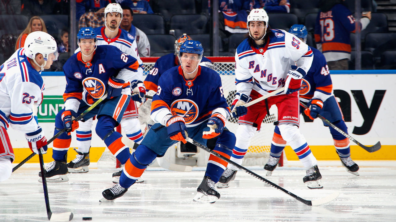 ELMONT, NEW YORK - NOVEMBER 24: Casey Cizikas #53 of the New York Islanders skates against the New York Rangers at the UBS Arena on November 24, 2021 in Elmont, New York.