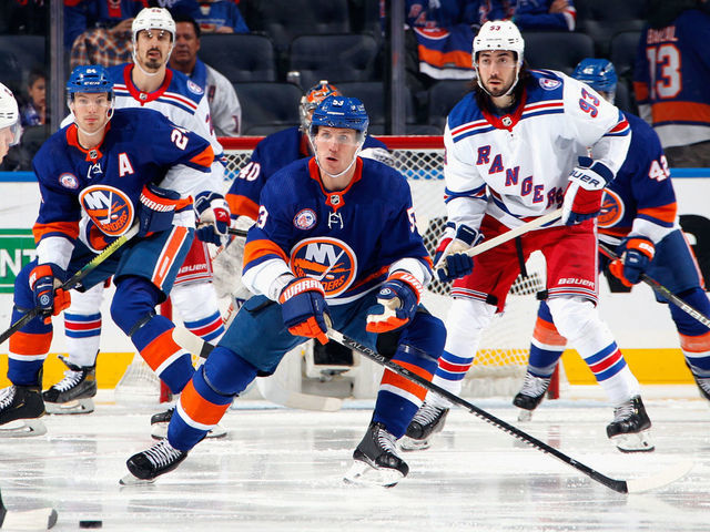 ELMONT, NEW YORK - NOVEMBER 24: Casey Cizikas #53 of the New York Islanders skates against the New York Rangers at the UBS Arena on November 24, 2021 in Elmont, New York.