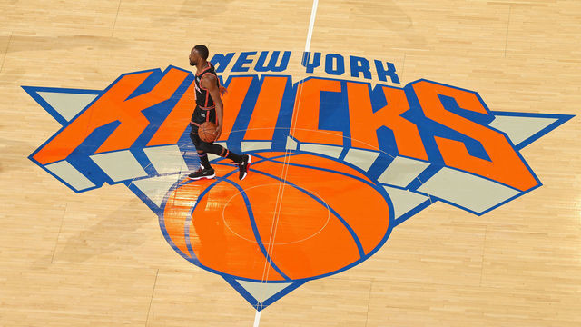 NEW YORK, NY - NOVEMBER 23: An overhead view of Kemba Walker #8 of the New York Knicks dribbling the ball at center court during the game against the Los Angeles Lakers on November 23, 2021 at Madison Square Garden in New York City, New York. Mandatory Copyright Notice: Copyright 2021 NBAE