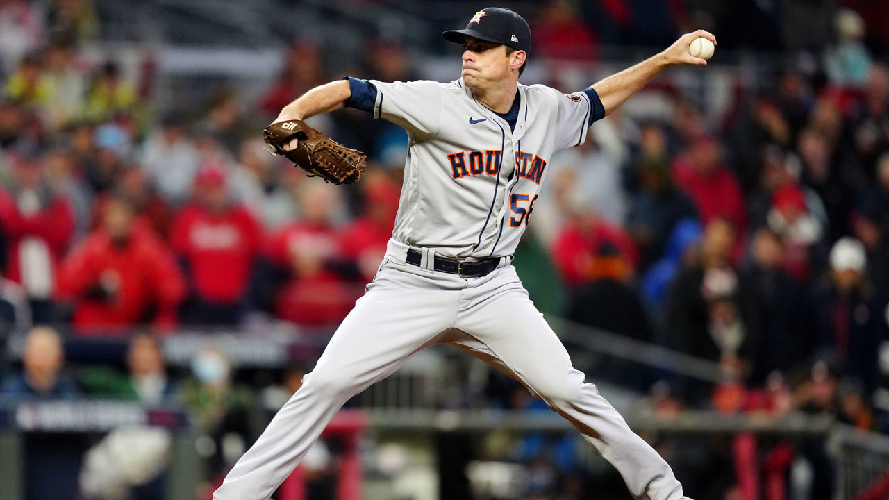 ATLANTA, GA - OCTOBER 29: Brooks Raley #58 of the Houston Astros pitches during Game 3 of the 2021 World Series between the Houston Astros and the Atlanta Braves at Truist Park on Friday, October 29, 2021 in Atlanta, Georgia.