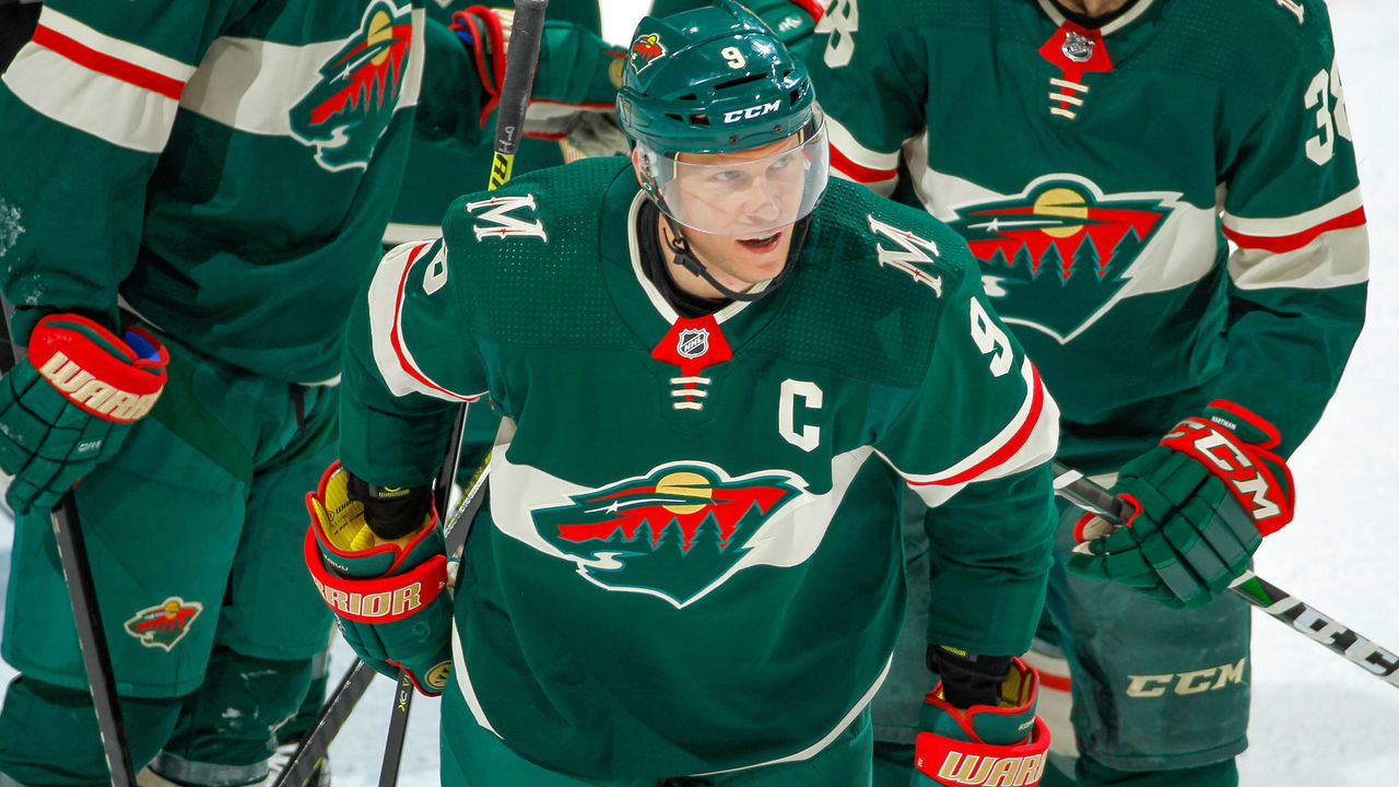 SAINT PAUL, MN - FEBRUARY 25: Mikko Koivu #9 of the Minnesota Wild celebrates his goal against the Columbus Blue Jackets during the game at the Xcel Energy Center on February 25, 2019 in Saint Paul, Minnesota.