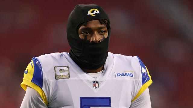 SANTA CLARA, CALIFORNIA - NOVEMBER 15: Jalen Ramsey #5 of the Los Angeles Rams warms up before the game against San Francisco 49ers at Levi's Stadium on November 15, 2021 in Santa Clara, California.