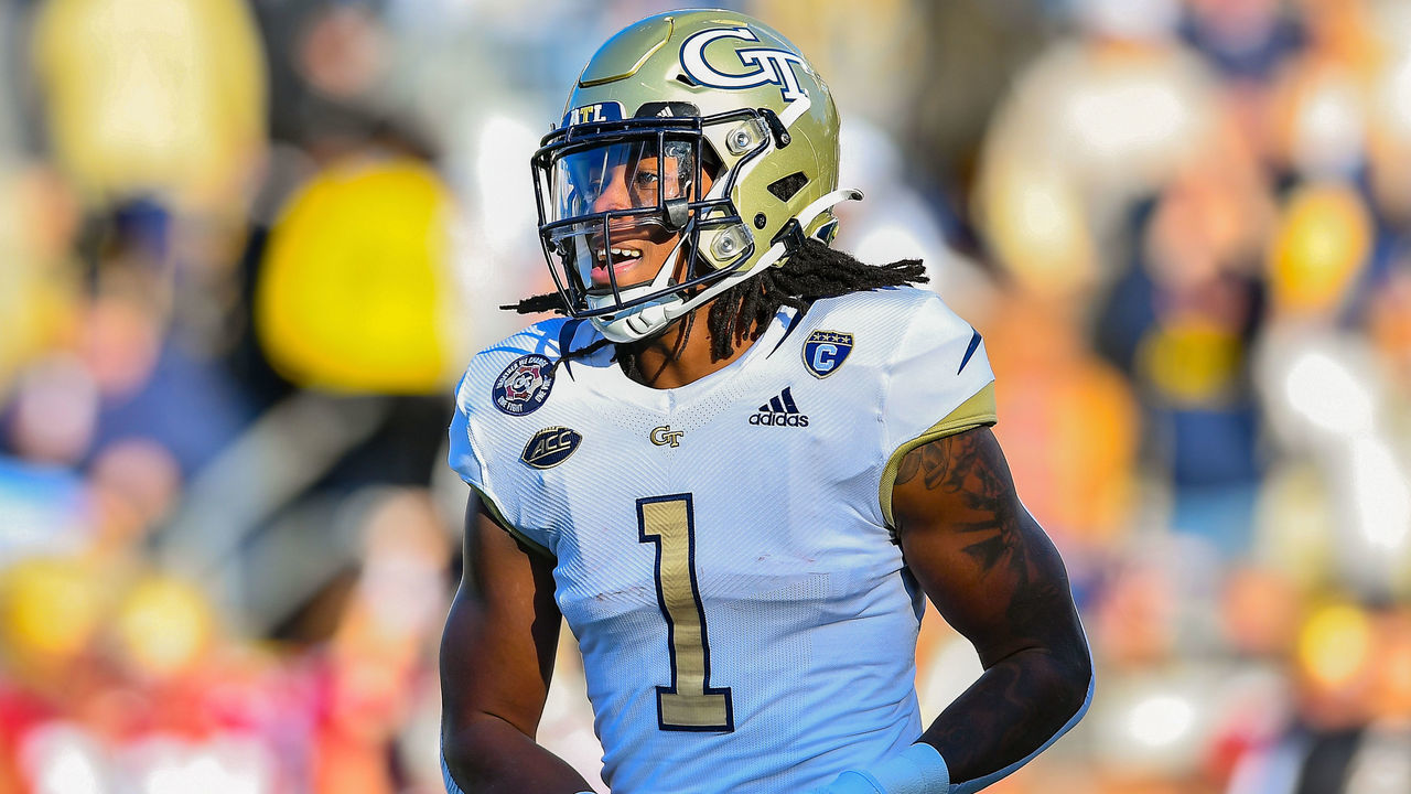 ATLANTA, GA NOVEMBER 13: Georgia Tech running back Jahmyr Gibbs (1) reacts after a 98-yard kickoff return during the college football game between the Boston College Eagles and the Georgia Tech Yellow Jackets on November 13th, 2021 at Bobby Dodd Stadium in Atlanta, GA.