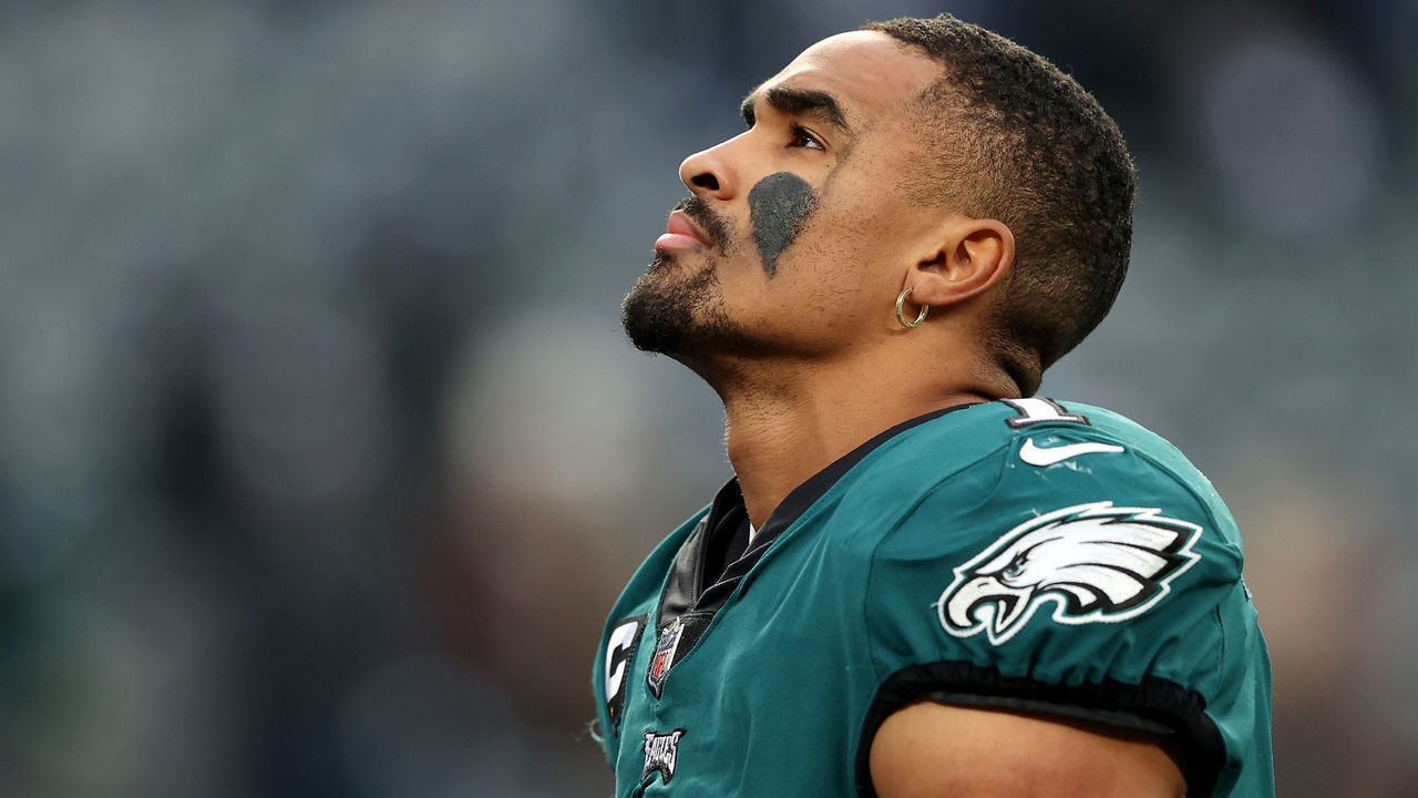 EAST RUTHERFORD, NEW JERSEY - NOVEMBER 28: Jalen Hurts #1 of the Philadelphia Eagles looks on as he walks off the field after his team's loss against the New York Giants at MetLife Stadium on November 28, 2021 in East Rutherford, New Jersey.