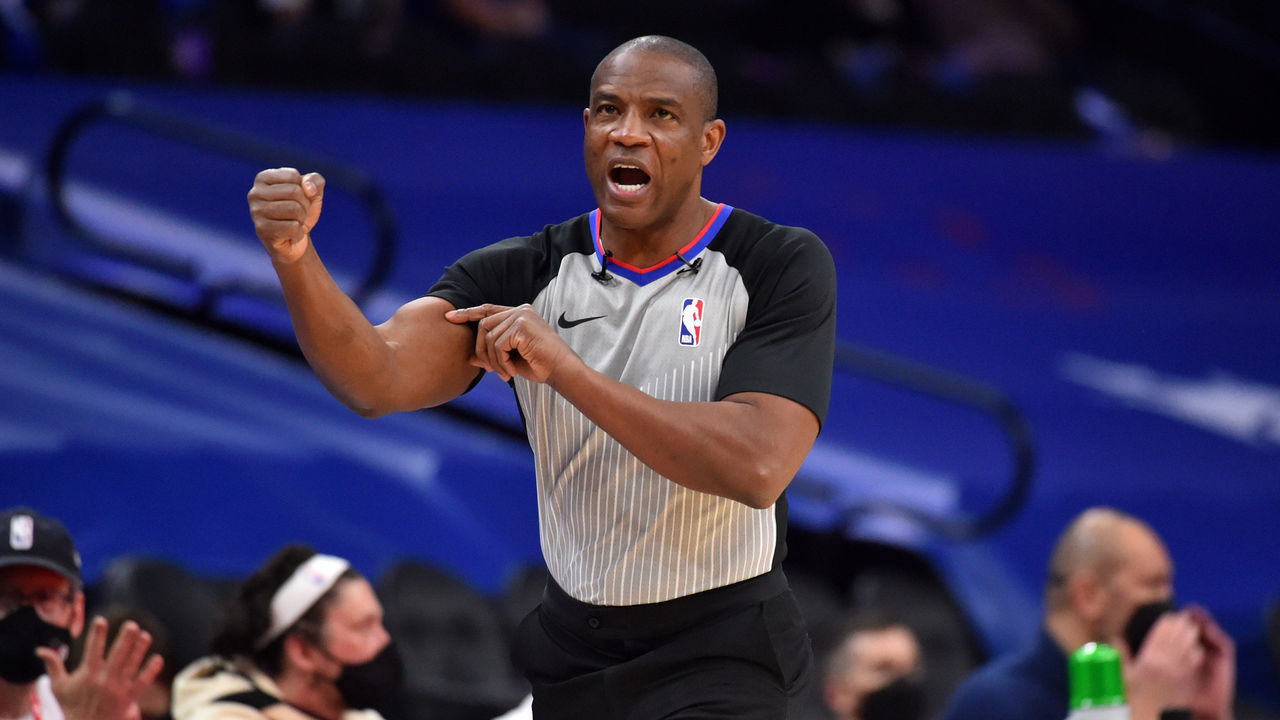PHILADELPHIA, PA - APRIL 4: NBA Referee Tony Brown calls out a foul during a game on April 4, 2021 at Wells Fargo Center in Philadelphia, Pennsylvania. NOTE TO USER: User expressly acknowledges and agrees that, by downloading and/or using this Photograph, user is consenting to the terms and conditions of the Getty Images License Agreement. Mandatory Copyright Notice: Copyright 2021 NBAE