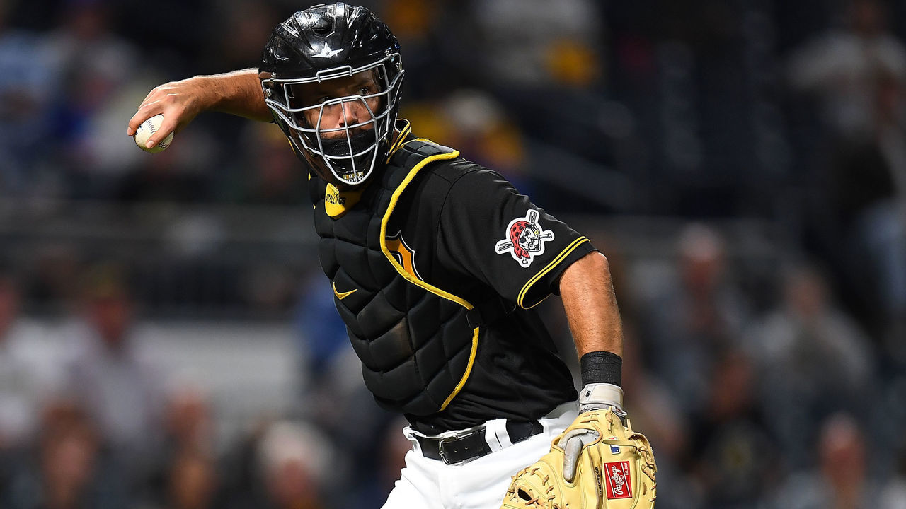 PITTSBURGH, PA - SEPTEMBER 28: Jacob Stallings #58 of the Pittsburgh Pirates in action during the game against the Chicago Cubs at PNC Park on September 28, 2021 in Pittsburgh, Pennsylvania.