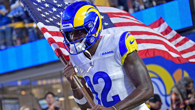 INGLEWOOD, CA - NOVEMBER 07: Van Jefferson #12 of the Los Angeles Rams runs on to the field for the game against the Tennessee Titans at SoFi Stadium on November 7, 2021 in Inglewood, California.