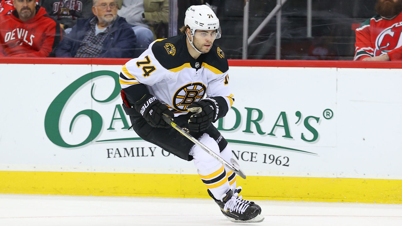 NEWARK, NJ - NOVEMBER 13: Boston Bruins left wing Jake DeBrusk (74) skates during the National Hockey League game between the New Jersey Devils and the Boston Bruins on November 13, 2021 at the Prudential Center in Newark, NJ.