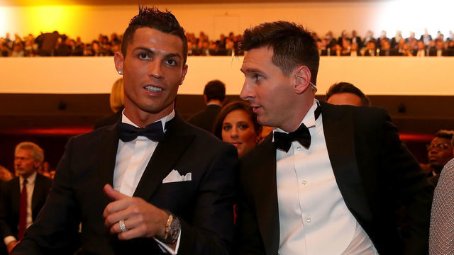 ZURICH, SWITZERLAND - JANUARY 11: FIFA Ballon d'Or nominee Cristiano Ronaldo of Portugal and Real Madrid sits with FIFA Ballon d'Or nominee Lionel Messi of Argentina and Barcelona during the FIFA Ballon d'Or Gala 2015 at the Kongresshaus on January 11, 2016 in Zurich, Switzerland.