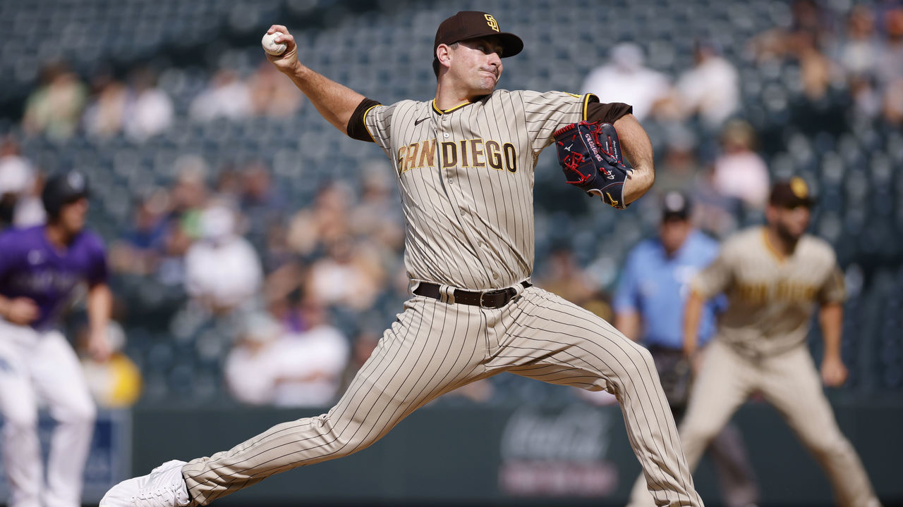 DENVER, CO - AUGUST 18: San Diego Padres pitcher Daniel Hudson (18) delivers a pitch during the MLB game against the Colorado Rockies on August 18, 2021 at Coors Field in Denver, Colorado.