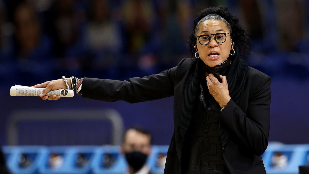 SAN ANTONIO, TEXAS - APRIL 02: Head coach Dawn Staley of the South Carolina Gamecocks calls out to players against the Stanford Cardinal during the third quarter in the Final Four semifinal game of the 2021 NCAA Women's Basketball Tournament at the Alamodome on April 02, 2021 in San Antonio, Texas.
