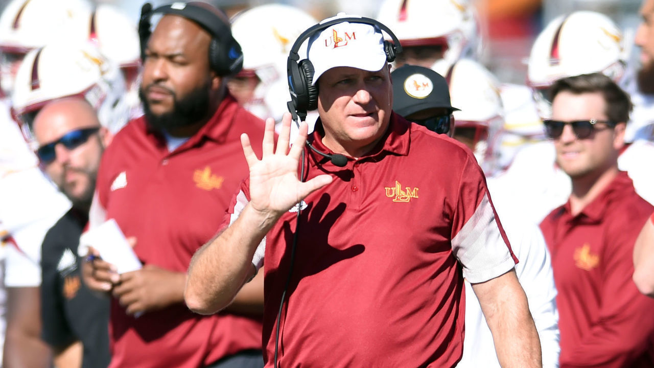 SAN MARCOS, TX - NOVEMBER 06: Louisiana-Monroe Warhawks assistant coach Rich Rodriguez watches action from the sidelines during Sun Belt Conference game featuring the Texas State Bobcats and the LouisianaMonroe Warhawks on November 6, 2021 at Bobcat Stadium in San Marcos, TX.
