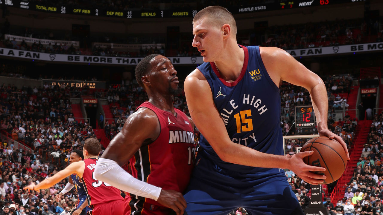 MIAMI, FL - NOVEMBER 29: Nikola Jokic #15 of the Denver Nuggets handles the ball during the game against the Miami Heat on November 29, 2021 at FTX Arena in Miami, Florida. Mandatory Copyright Notice: Copyright 2021 NBAE