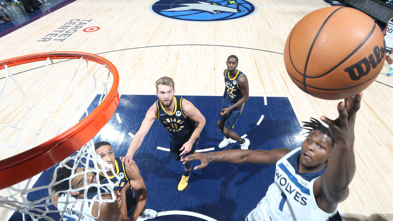 MINNEAPOLIS, MN - NOVEMBER 29: Anthony Edwards #1 of the Minnesota Timberwolves drives to the basket during the game against the Indiana Pacers on November 29, 2021 at Target Center in Minneapolis, Minnesota. Mandatory Copyright Notice: Copyright 2021 NBAE