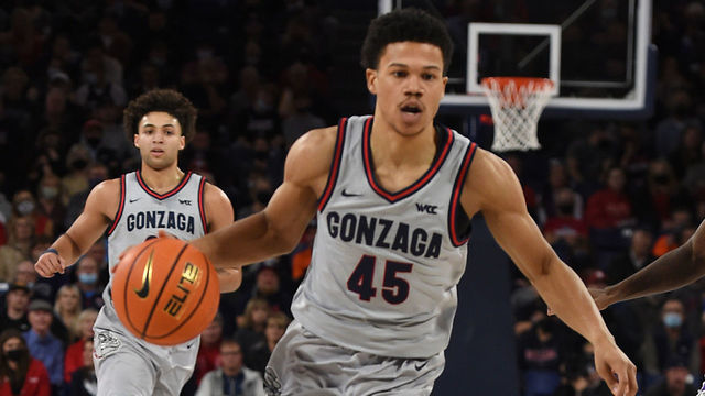 SPOKANE, WA - NOVEMBER 29: Rasir Bolton #45 of the Gonzaga Bulldogs handles the ball against the Tarleton State Texans at McCarthey Athletic Center on November 29, 2021 in Spokane, Washington.
