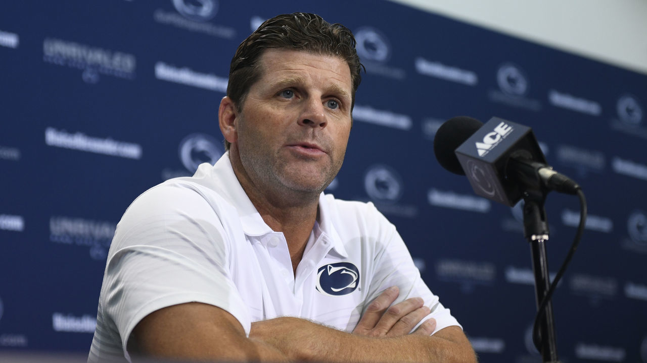 Penn State defensive coordinator Brent Pry speaks during Penn State football media day on Saturday, August 4, 2018 in Beaver Stadium. Photo by Jeremy Drey