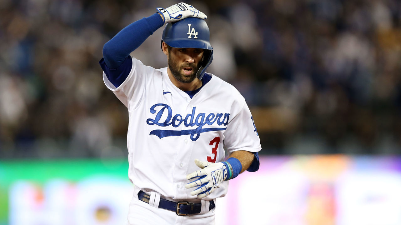 LOS ANGELES, CA - OCTOBER 21: Chris Taylor #3 of the Los Angeles Dodgers reacts after hitting a home run during Game 5 of the NLCS between the Atlanta Braves and the Los Angeles Dodgers at Dodgers Stadium on Thursday, October 21, 2021 in Los Angeles, California.