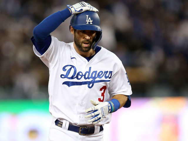 LOS ANGELES, CA - OCTOBER 21: Chris Taylor #3 of the Los Angeles Dodgers reacts after hitting a home run during Game 5 of the NLCS between the Atlanta Braves and the Los Angeles Dodgers at Dodgers Stadium on Thursday, October 21, 2021 in Los Angeles, California.