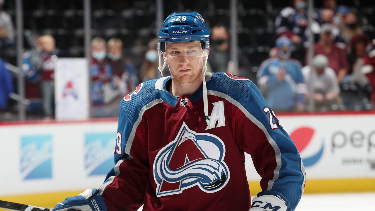 DENVER, COLORADO - NOVEMBER 03: Nathan MacKinnon #29 of the Colorado Avalanche looks on prior to the game against the Columbus Blue Jackets at Ball Arena on November 03, 2021 in Denver, Colorado.