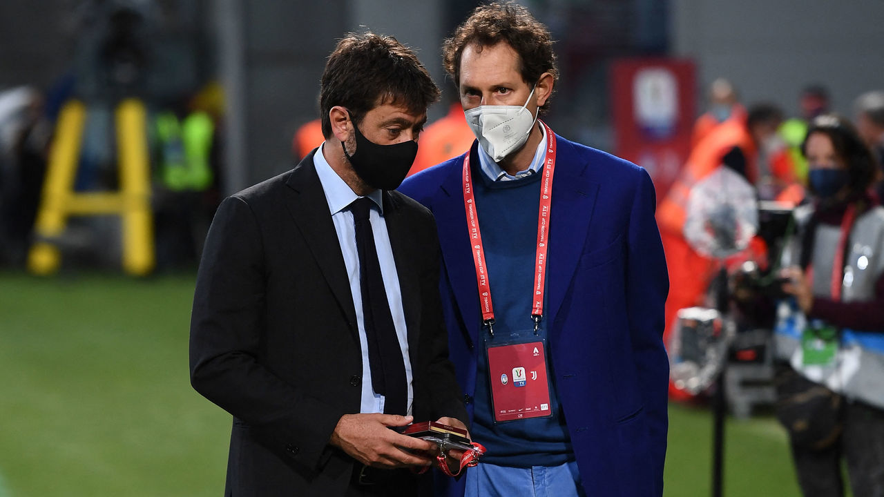 Juventus FC President Andrea Agnelli (L) and Fiat Chrysler Automobiles (FCA) Chairman John Elkann talk prior to the final of the Italian Cup (Coppa Italia) football match Atalanta vs Juventus on May 19, 2021 at the Citta del Tricolore stadium in Reggio Emilia.