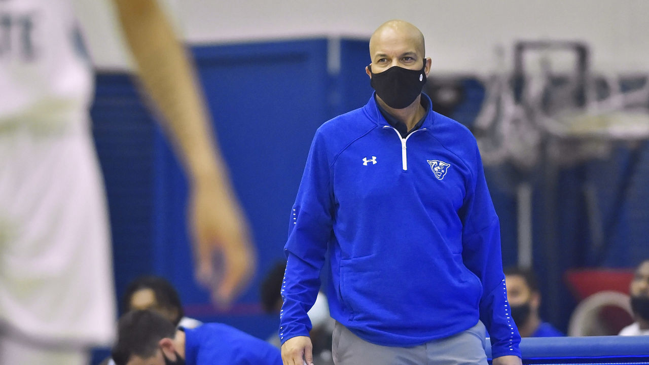 ATLANTA, GA - FEBRUARY 19: Georgia State coach Rob Lanier walks along the sideline during the second half of a college basketball game between the Troy Trojans and Georgia State Panthers on February 19, 2021, at GSU Sports Arena in Atlanta, GA.