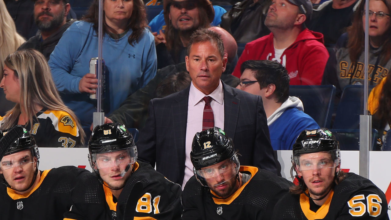 BUFFALO, NY - OCTOBER 22: Head coach Bruce Cassidy of the Boston Bruins watches the action against the Buffalo Sabres during an NHL game on October 22, 2021 at KeyBank Center in Buffalo, New York.