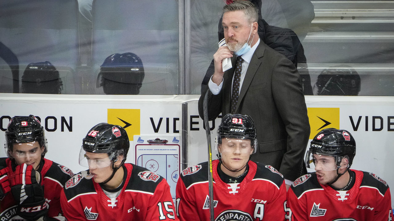 QUEBEC CITY, QC - OCTOBER 27: Patrick Roy, head coach of the Quebec Remparts, looks on during his team QMJHL hockey game against the Acadie-Bathurst Titan at the Videotron Center on October 27, 2021 in Quebec City, Quebec, Canada.