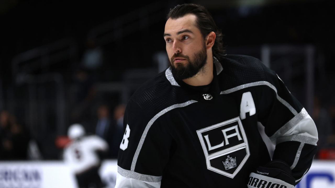 LOS ANGELES, CALIFORNIA - OCTOBER 05: Drew Doughty #8 of the Los Angeles Kings during warm up before a preseason game against the Arizona Coyotes at Staples Center on October 05, 2021 in Los Angeles, California.