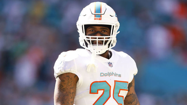 MIAMI GARDENS, FLORIDA - NOVEMBER 07: Xavien Howard #25 of the Miami Dolphins looks on against the Houston Texans at Hard Rock Stadium on November 07, 2021 in Miami Gardens, Florida.