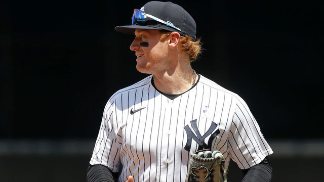 NEW YORK, NEW YORK - JUNE 20: (NEW YORK DAILIES OUT) Clint Frazier #77 of the New York Yankees in action against the Oakland Athletics at Yankee Stadium on June 20, 2021 in New York City. The Yankees defeated the Athletics 2-1.