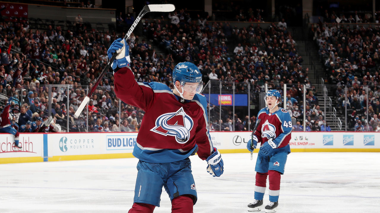 DENVER, COLORADO - NOVEMBER 22: Cale Makar #8 of the Colorado Avalanche celebrates a goal against the Ottawa Senators at Ball Arena on November 22, 2021 in Denver, Colorado.