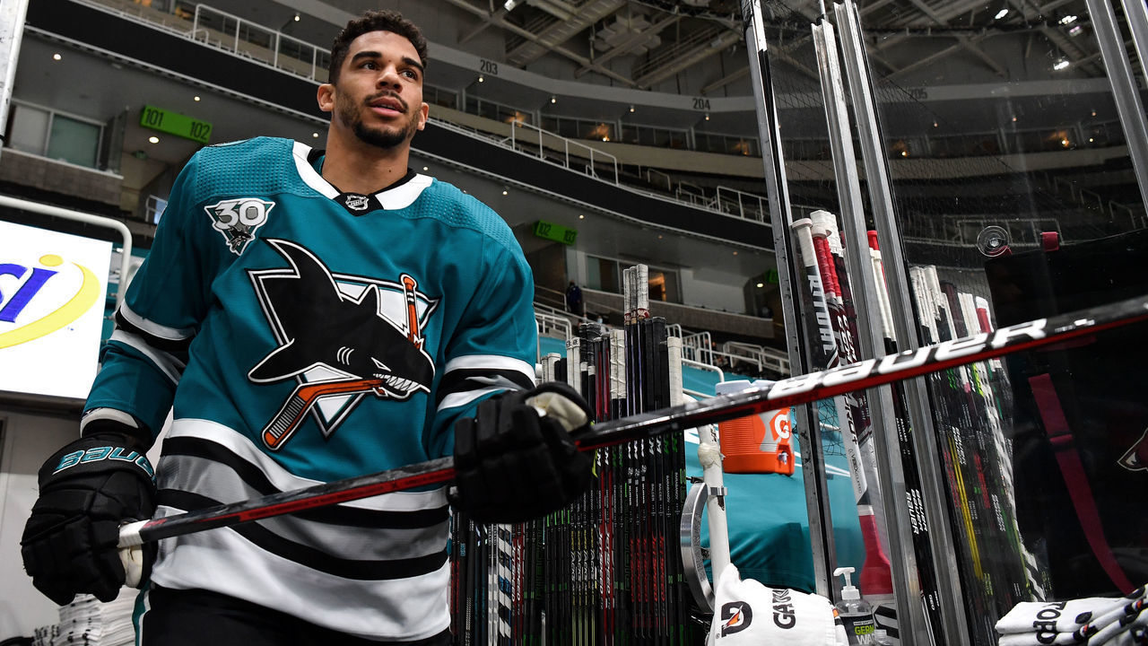 SAN JOSE, CA - MAY 08: Evander Kane #9 of the San Jose Sharks takes the ice for warmups against the Arizona Coyotes at SAP Center on May 8, 2021 in San Jose, California.