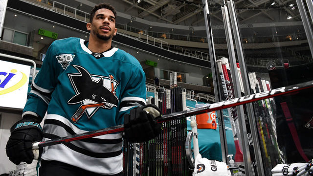 SAN JOSE, CA - MAY 08: Evander Kane #9 of the San Jose Sharks takes the ice for warmups against the Arizona Coyotes at SAP Center on May 8, 2021 in San Jose, California.