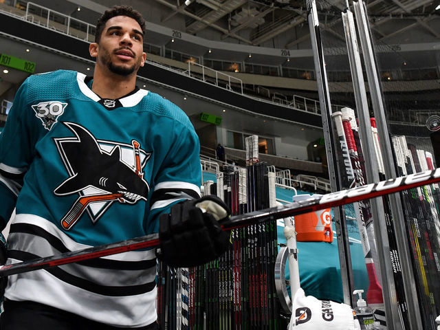 SAN JOSE, CA - MAY 08: Evander Kane #9 of the San Jose Sharks takes the ice for warmups against the Arizona Coyotes at SAP Center on May 8, 2021 in San Jose, California.