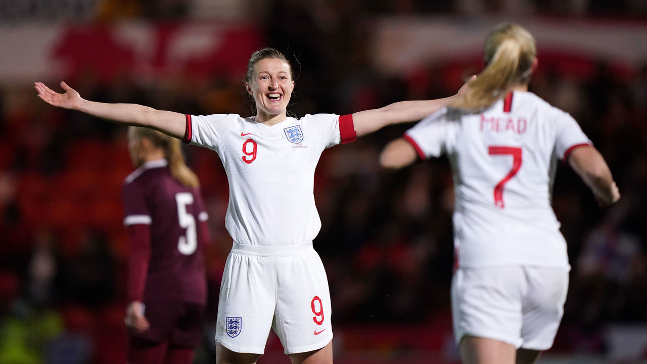 England's Ellen White celebrates scoring their side's ninth goal of the game during the Women's FIFA World Cup Qualifying - Group D match between England and Latvia at the Keepmoat Stadium, Doncaster. Picture date: Tuesday November 30, 2021.