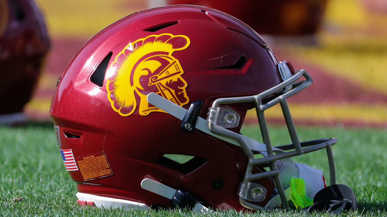 TEMPE, AZ - NOVEMBER 09: A USC Trojans helmet on the field before the college football game between the USC Trojans and the Arizona State Sun Devils on November 9, 2019 at Sun Devil Stadium in Tempe, Arizona.