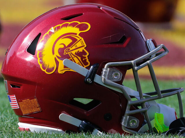 TEMPE, AZ - NOVEMBER 09: A USC Trojans helmet on the field before the college football game between the USC Trojans and the Arizona State Sun Devils on November 9, 2019 at Sun Devil Stadium in Tempe, Arizona.