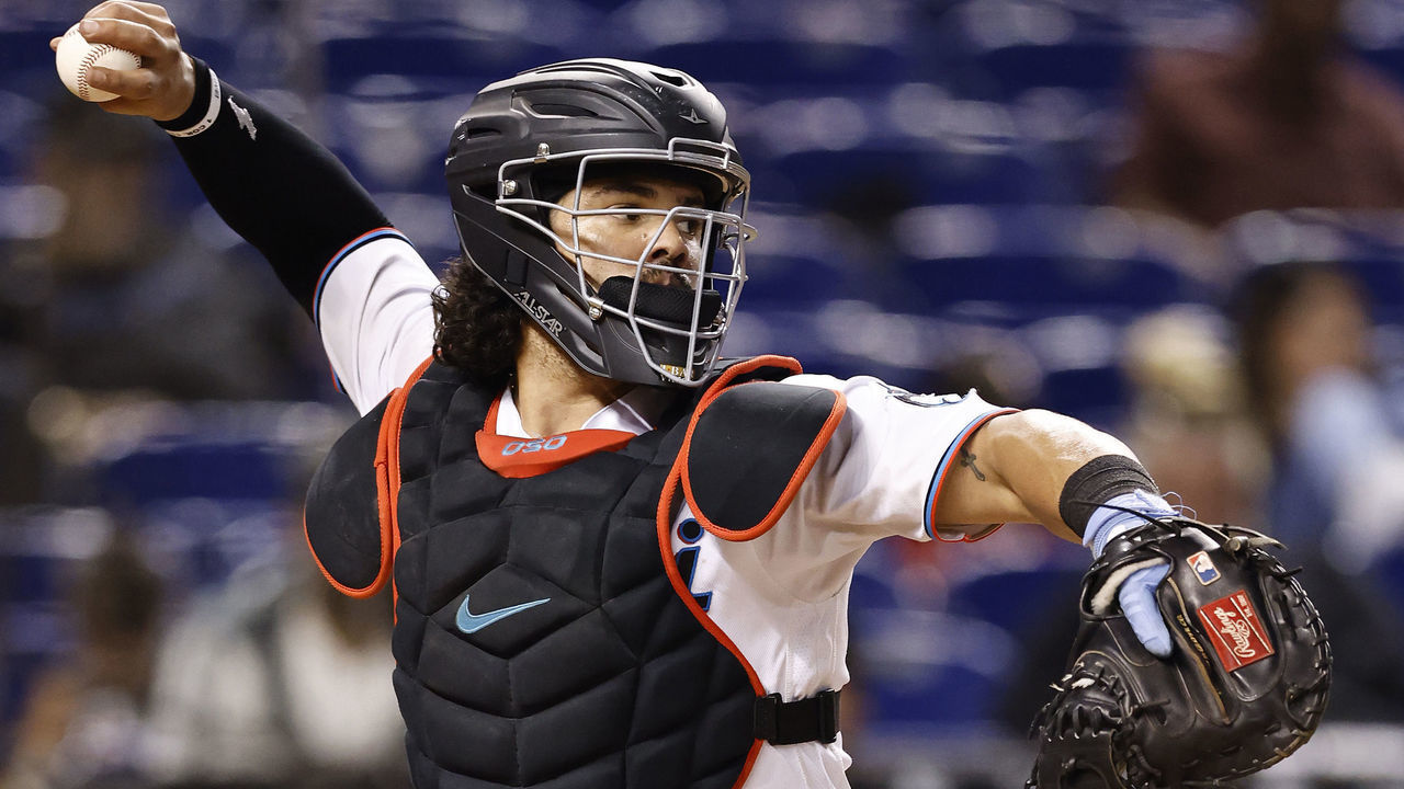 MIAMI, FLORIDA - AUGUST 25: Jorge Alfaro #38 of the Miami Marlins in action against the Washington Nationals at loanDepot park on August 25, 2021 in Miami, Florida.