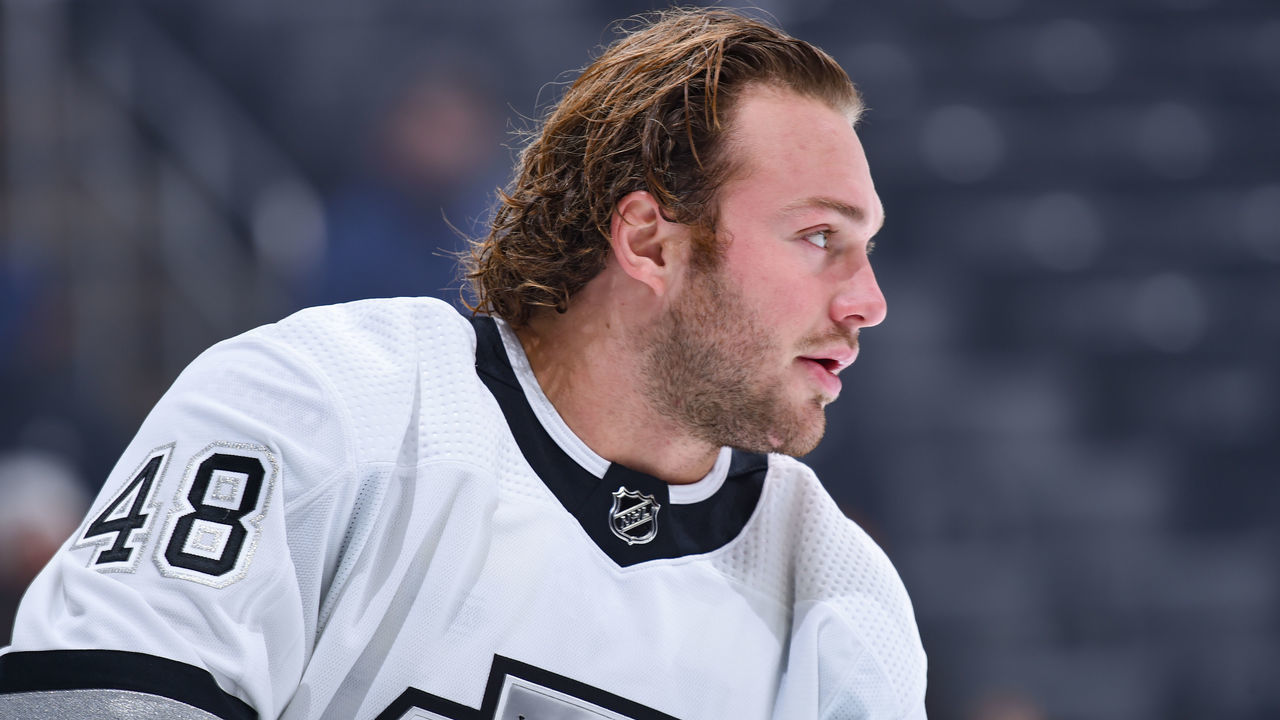 LOS ANGELES, CA - NOVEMBER 17: Brendan Lemieux #48 of the Los Angeles Kings skates on the ice during warm ups prior to the game against the Washington Capitals at STAPLES Center on November 17, 2021 in Los Angeles, California.