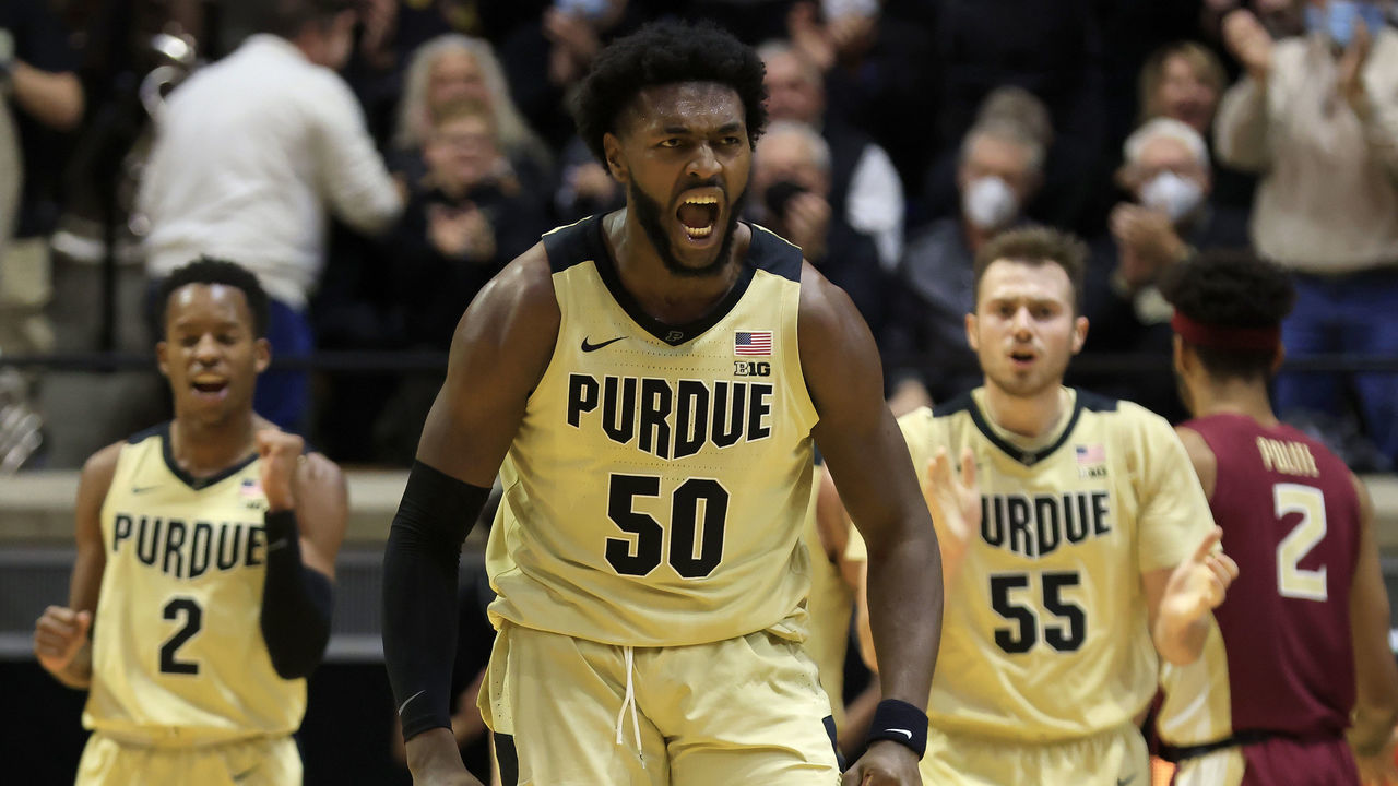 WEST LAFAYETTE, INDIANA - NOVEMBER 30: Trevion Williams #50 of the Purdue Boilermakers reacts after a play during the second half in the game against the Florida State Seminoles at Mackey Arena on November 30, 2021 in West Lafayette, Indiana.