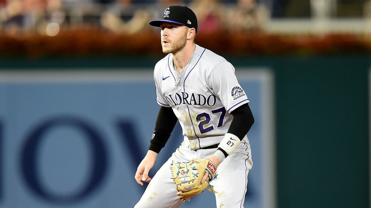 WASHINGTON, DC - SEPTEMBER 17: Trevor Story #27 of the Colorado Rockies plays shortstop against the Washington Nationals at Nationals Park on September 17, 2021 in Washington, DC.