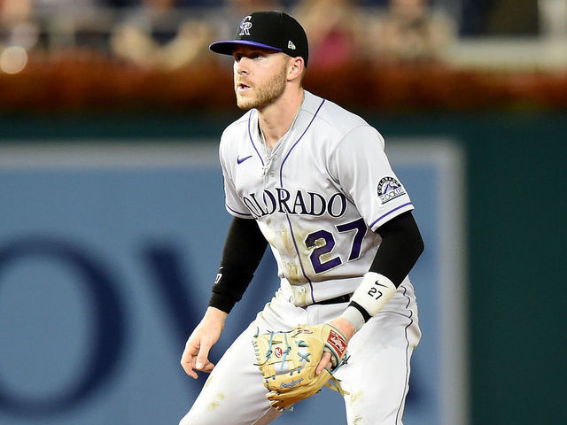 WASHINGTON, DC - SEPTEMBER 17: Trevor Story #27 of the Colorado Rockies plays shortstop against the Washington Nationals at Nationals Park on September 17, 2021 in Washington, DC.