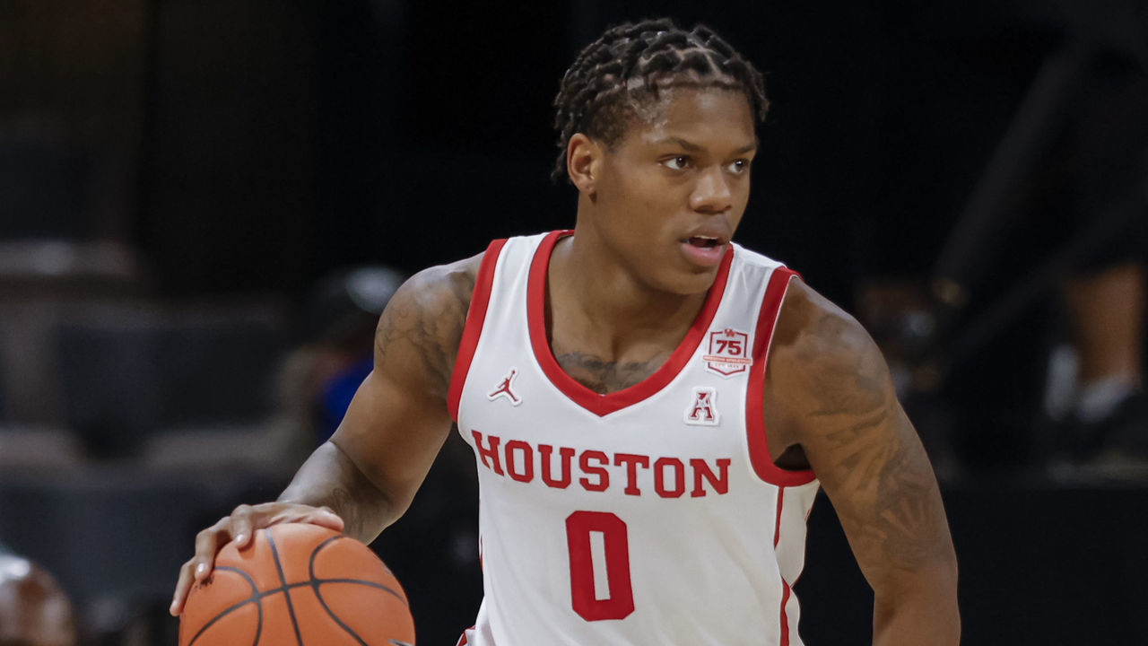 LAS VEGAS, NV - NOVEMBER 22: Marcus Sasser #0 of the Houston Cougars is seen during the game against the Butler Bulldogs at Michelob ULTRA Arena on November 22, 2021 in Las Vegas, Nevada.