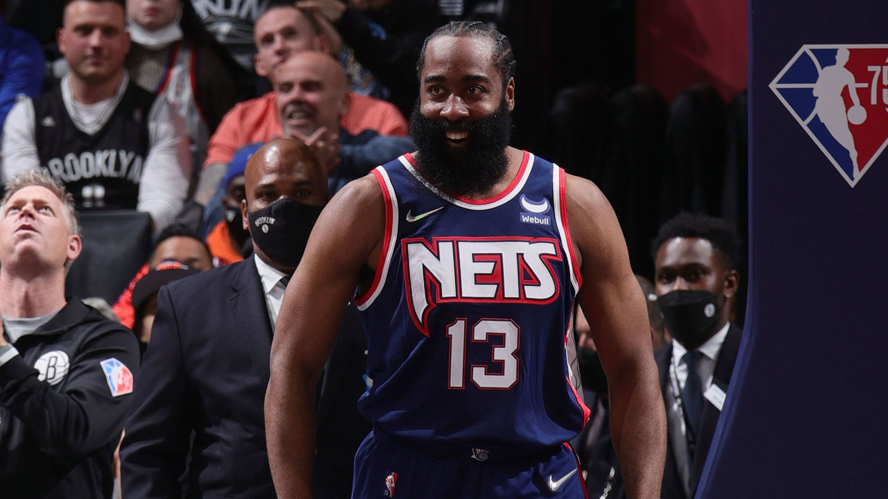 BROOKLYN, NY - NOVEMBER 30: James Harden #13 of the Brooklyn Nets celebrates during the game against the New York Knicks on November 30, 2021 at Barclays Center in Brooklyn, New York. Mandatory Copyright Notice: Copyright 2021 NBAE