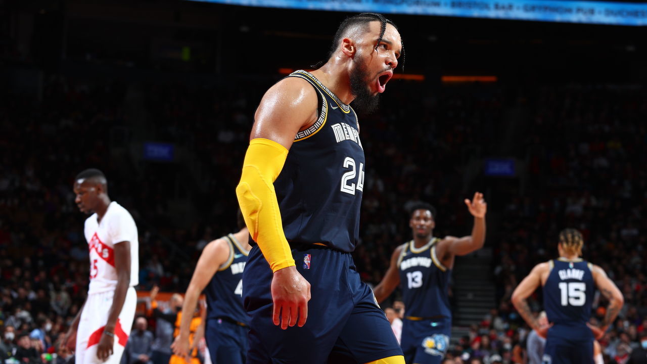 TORONTO, CANADA - NOVEMBER 30: Dillon Brooks #24 of the Memphis Grizzlies celebrates during the game against the Toronto Raptors on November 30, 2021 at the Scotiabank Arena in Toronto, Ontario, Canada. Mandatory Copyright Notice: Copyright 2021 NBAE