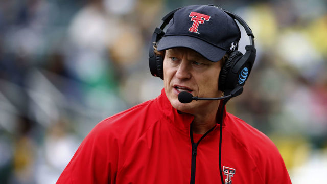 WACO, TX -NOVEMBER 27: Head coach Sonny Cumbie of the Texas Tech Red Raiders looks on as Tech plays the Baylor Bears in the first half at McLane Stadium on November 27, 2021 in Waco, Texas.
