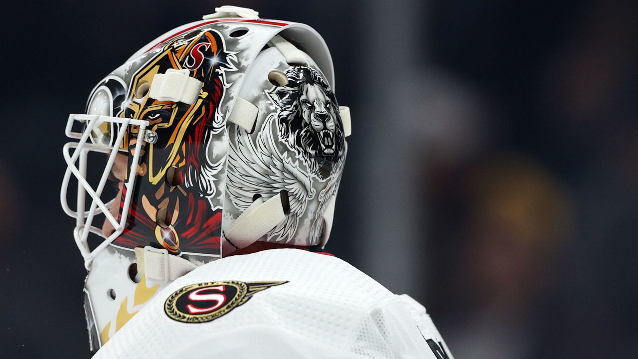BOSTON, MASSACHUSETTS - NOVEMBER 09: A detail of Matt Murray #30 of the Ottawa Senators face mask during the first period against the Boston Bruins at TD Garden on November 09, 2021 in Boston, Massachusetts.