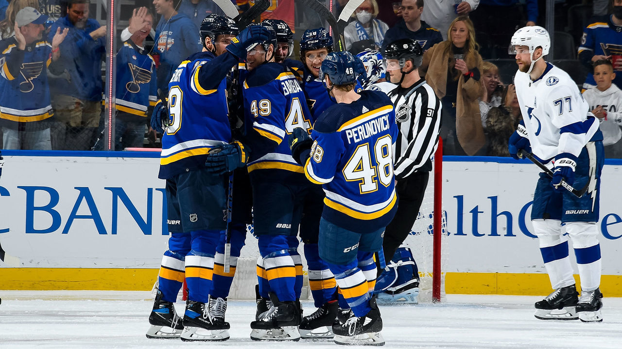 ST. LOUIS, MO - NOVEMBER 30: Ivan Barbashev #49 of the St. Louis Blues is congratulated after scoring a goal against the Tampa Bay Lightning at the Enterprise Center on November 30, 2021 in St. Louis, Missouri.