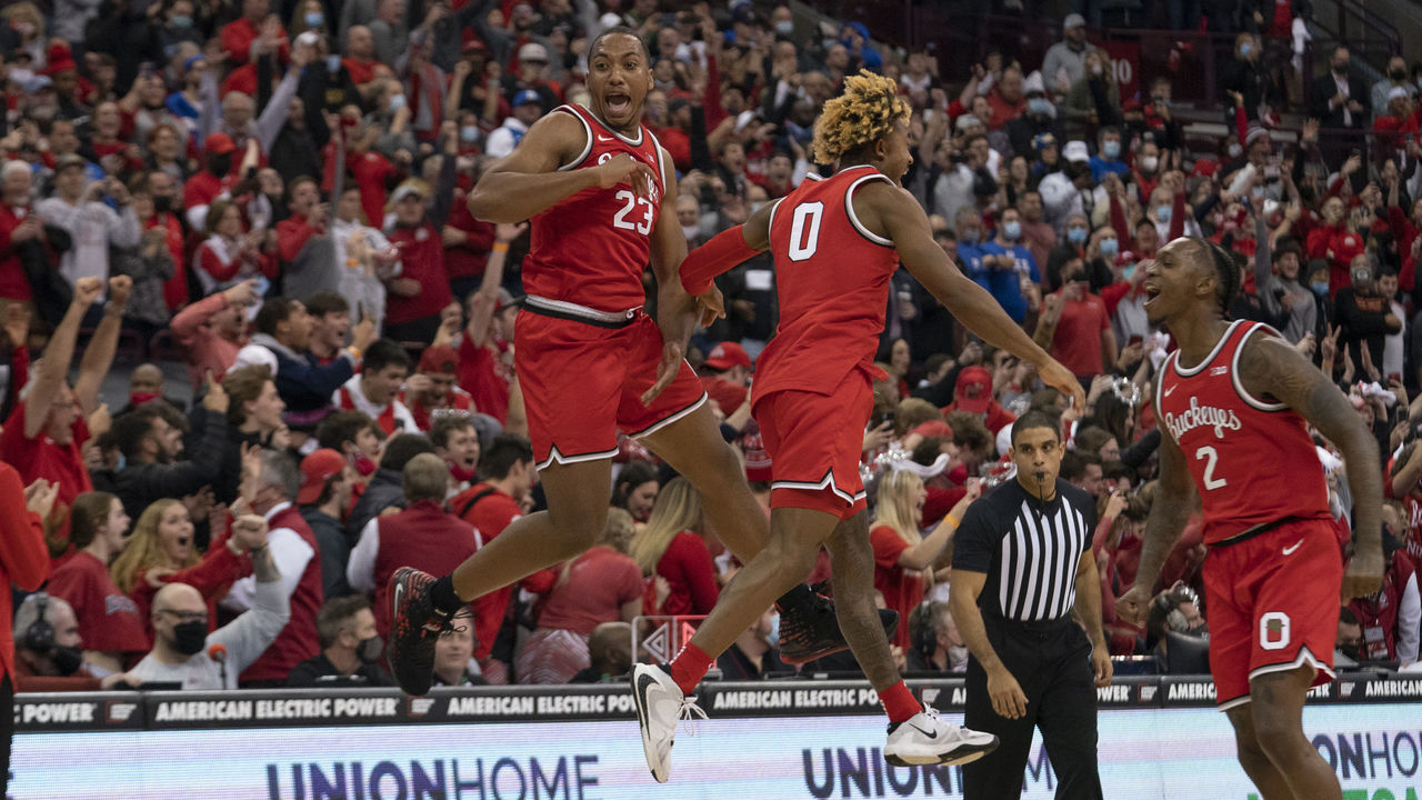 COLUMBUS, OH - NOVEMBER 30: Ohio State Buckeyes forward E.J. Liddell #32 and Ohio State Buckeyes guard Meechie Johnson Jr. #0 celebrate after the game between the Ohio State Buckeyes and the Duke Blue Devils at Value City Arena in Columbus, Ohio on November 30, 2021. Ohio State Buckeyes won 71-66.